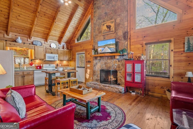87 Owltown Dr Unit L40, Ellijay, GA 30536 - living area featuring wood ceiling with exposed beams, high vaulted ceiling, wooden walls, light wood-type flooring, and a fireplace