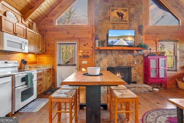 87 Owltown Dr Unit L40, Ellijay, GA 30536 - kitchen with white appliances, wooden ceiling with exposed beams, hardwood / wood-style flooring, wooden walls, and a fireplace