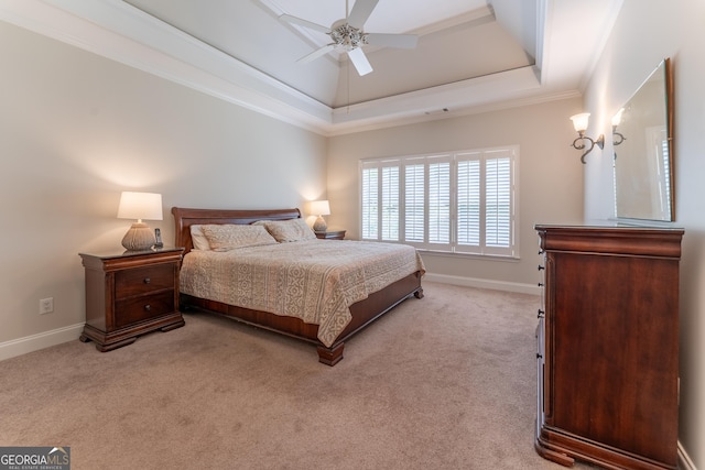 300 Brackin Trce, Grayson, GA 30017 - bedroom with light carpet, a raised ceiling, ornamental molding, and ceiling fan