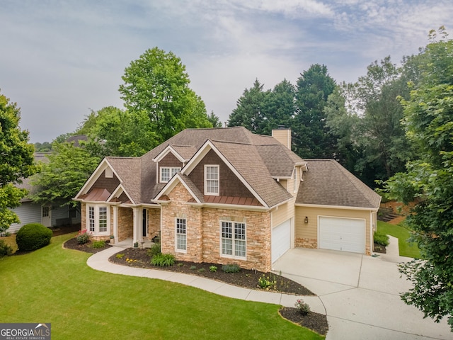 300 Brackin Trce, Grayson, GA 30017 - craftsman-style house featuring stone siding, an attached garage, driveway, a front yard, and roof with shingles