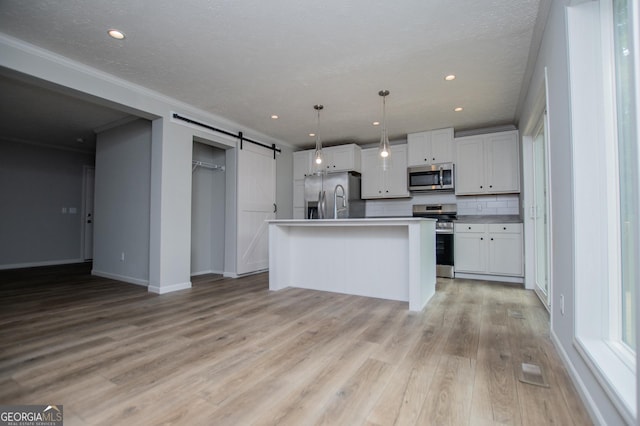 74 Preacher Smith Rd SE, Silver Creek, GA 30173 - kitchen featuring appliances with stainless steel finishes, a barn door, decorative backsplash, light wood finished floors, and baseboards