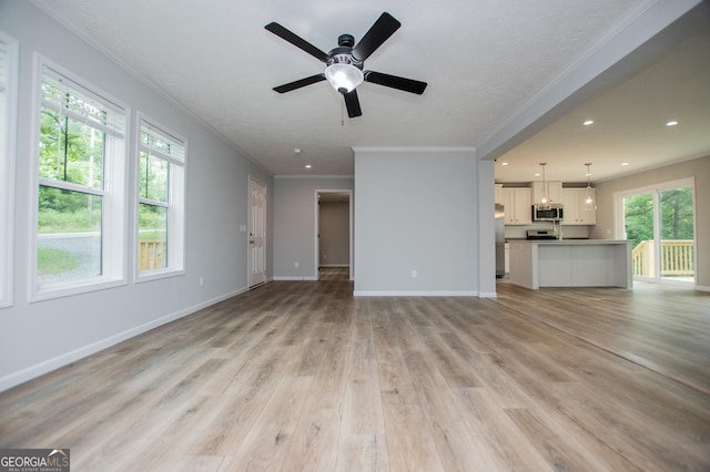74 Preacher Smith Rd SE, Silver Creek, GA 30173 - unfurnished living room with light wood-style floors, ornamental molding, baseboards, ceiling fan, and recessed lighting