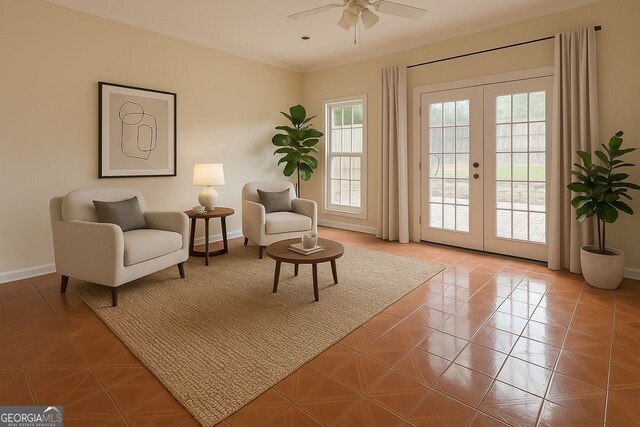 1713 Paramore Pl NE, Marietta, GA 30062 - living area with french doors, ceiling fan, and tile patterned floors