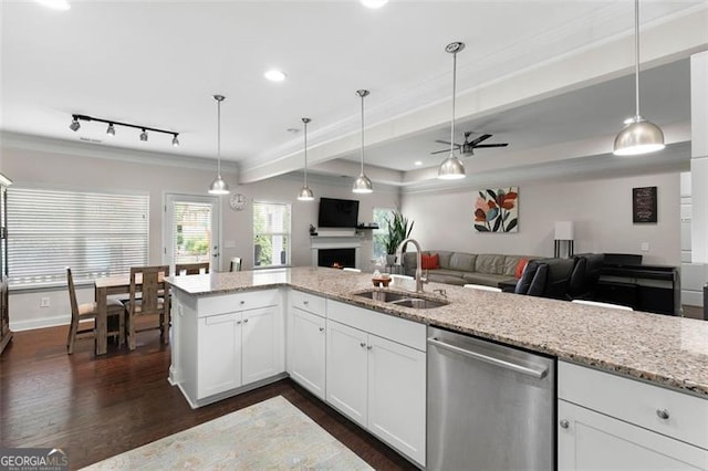 17 Twelve Oaks Dr, Cartersville, GA 30120 - kitchen with stainless steel dishwasher, a sink, crown molding, dark wood-style flooring, and open floor plan