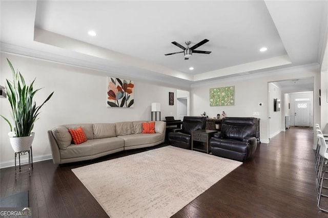 17 Twelve Oaks Dr, Cartersville, GA 30120 - living room with a tray ceiling, a ceiling fan, dark wood-type flooring, baseboards, and recessed lighting