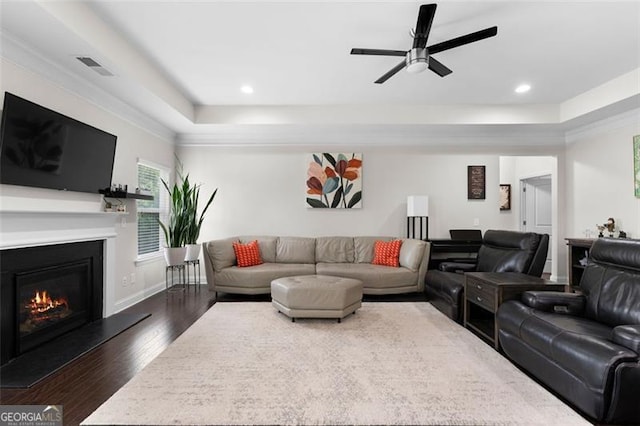 17 Twelve Oaks Dr, Cartersville, GA 30120 - living area with dark wood-type flooring, a tray ceiling, ceiling fan, a glass covered fireplace, and recessed lighting