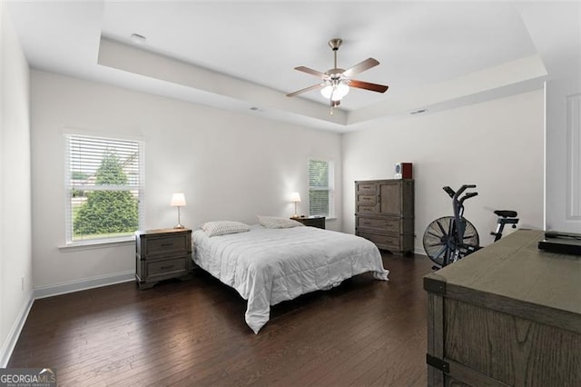 17 Twelve Oaks Dr, Cartersville, GA 30120 - bedroom featuring a tray ceiling, dark wood finished floors, baseboards, and ceiling fan