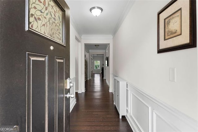 17 Twelve Oaks Dr, Cartersville, GA 30120 - hallway featuring crown molding, dark wood-style flooring, and a wainscoted wall
