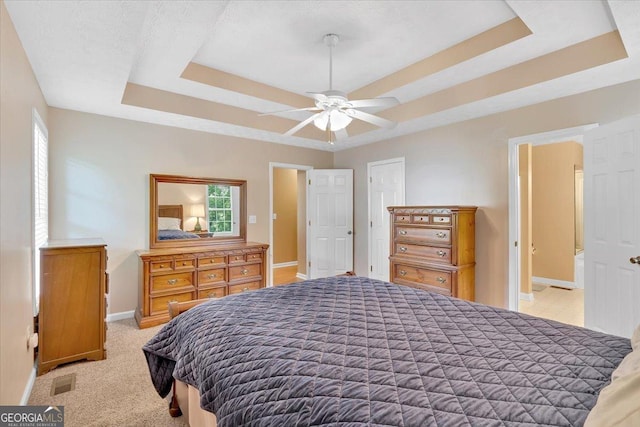 11 Chestnut St, Cartersville, GA 30120 - bedroom featuring a tray ceiling, baseboards, light colored carpet, and a ceiling fan
