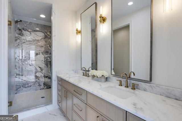 1962 8th St, Chamblee, GA 30341 - bathroom featuring a marble finish shower, double vanity, marble look tiles, and recessed lighting