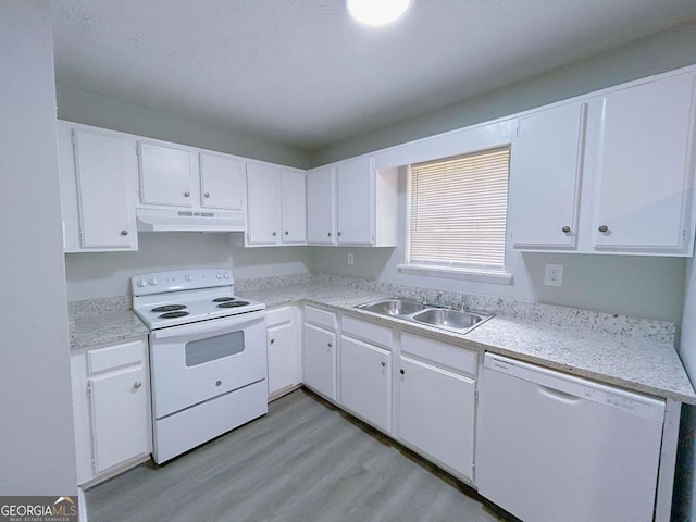 1820 Neely Ave, Atlanta, GA 30344 - kitchen featuring white appliances, a sink, under cabinet range hood, white cabinets, and light wood-style flooring