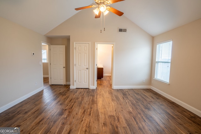 4135 Arch Pass, Cumming, GA 30040 - unfurnished bedroom featuring dark wood finished floors, high vaulted ceiling, and ceiling fan
