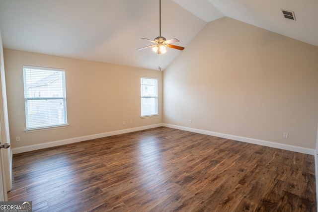 4135 Arch Pass, Cumming, GA 30040 - unfurnished room with vaulted ceiling, a ceiling fan, and dark wood-type flooring