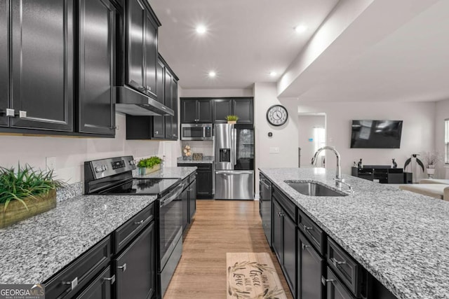 1049 Climbing Rose Way, Mcdonough, GA 30253 - kitchen with stainless steel appliances, a sink, under cabinet range hood, dark cabinets, and light stone counters