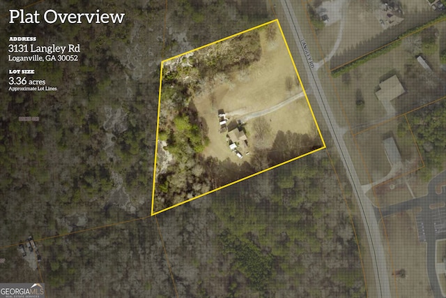 3131 Langley Rd, Loganville, GA 30052 - aerial map of property and surrounding area with property boundaries highlighted