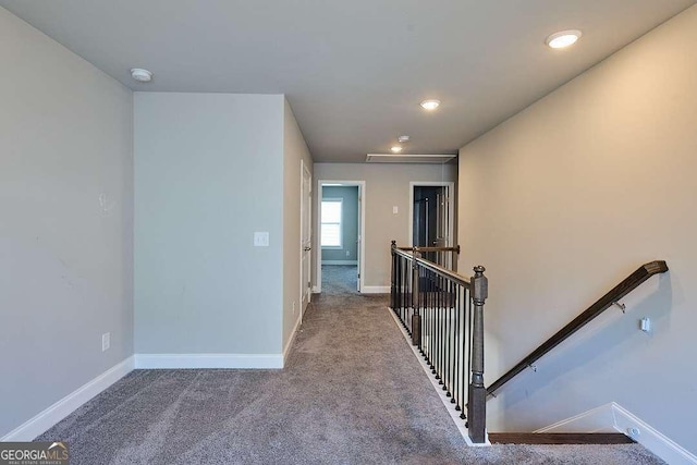 3557 Bryant Meadows Cir, Buford, GA 30519 - hall featuring an upstairs landing, carpet flooring, baseboards, and recessed lighting