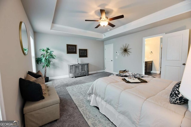 3557 Bryant Meadows Cir, Buford, GA 30519 - carpeted bedroom featuring baseboards, a tray ceiling, a wood stove, ensuite bath, and ceiling fan