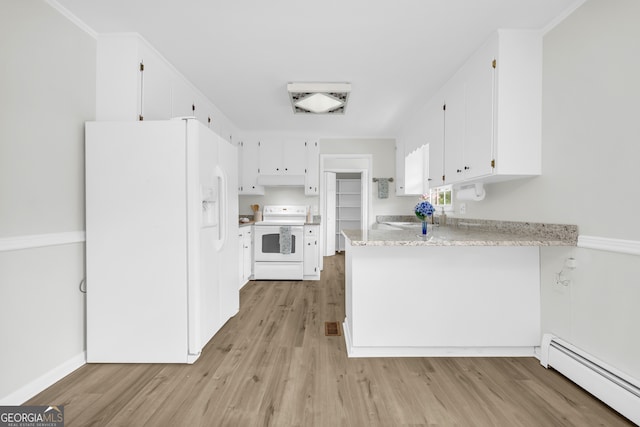 234 Edgewood Dr, Mount Airy, GA 30563 - kitchen with white appliances, a baseboard heating unit, a peninsula, light wood-type flooring, and white cabinets