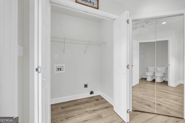 234 Edgewood Dr, Mount Airy, GA 30563 - washroom featuring washer hookup, light wood-style flooring, electric dryer hookup, a ceiling fan, and baseboards