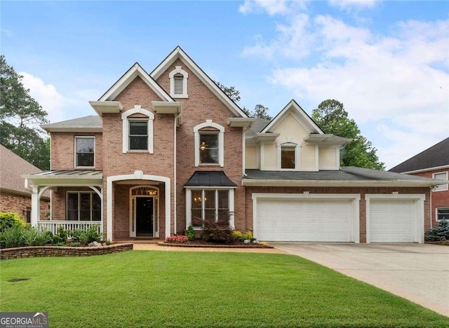 1055 Beacon Hill Xing, Alpharetta, GA 30005 - traditional home featuring driveway, a front lawn, brick siding, and a porch