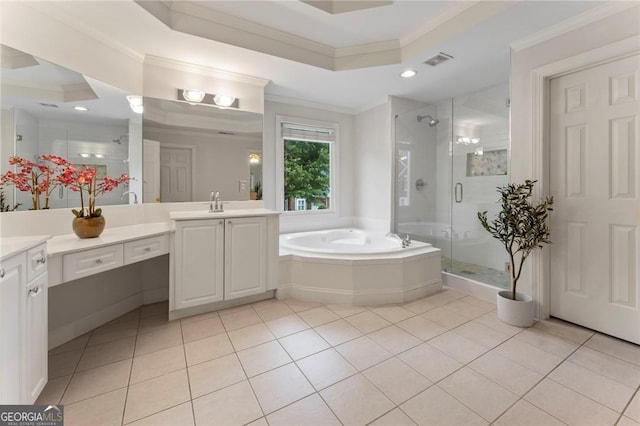 1055 Beacon Hill Xing, Alpharetta, GA 30005 - bathroom featuring crown molding, vanity, a garden tub, tile patterned floors, and a shower stall