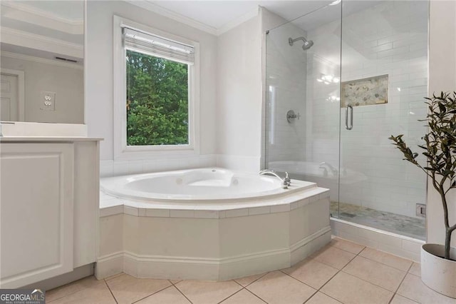 1055 Beacon Hill Xing, Alpharetta, GA 30005 - bathroom with tile patterned flooring, a stall shower, a bath, and ornamental molding