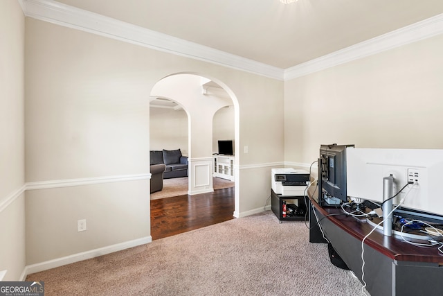 7946 White Oak Loop, Stonecrest, GA 30038 - office area with carpet, arched walkways, and crown molding