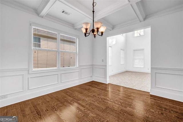 7601 Watson Cir, Locust Grove, GA 30248 - unfurnished dining area with a chandelier, coffered ceiling, beamed ceiling, wood finished floors, and wainscoting