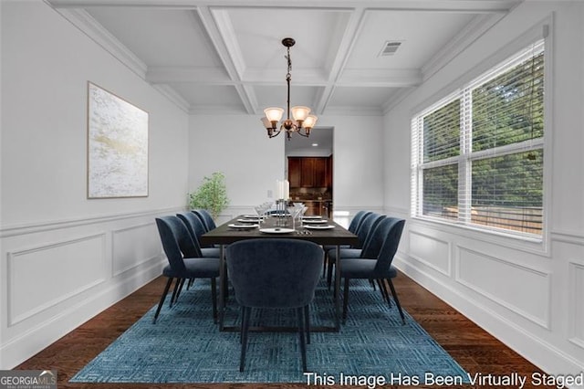 7601 Watson Cir, Locust Grove, GA 30248 - dining room with dark wood-style floors, a chandelier, a decorative wall, beamed ceiling, and a wainscoted wall