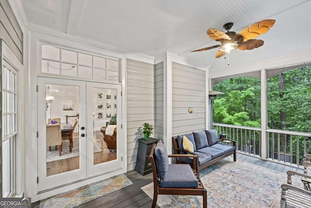 81 Cane Mill Ln, Dahlonega, GA 30533 - sunroom with a ceiling fan, french doors, and outdoor lounge area