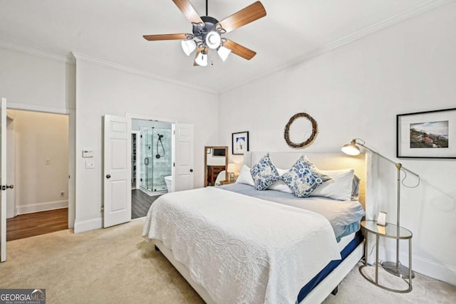 81 Cane Mill Ln, Dahlonega, GA 30533 - bedroom featuring ornamental molding, carpet, ensuite bath, and a ceiling fan