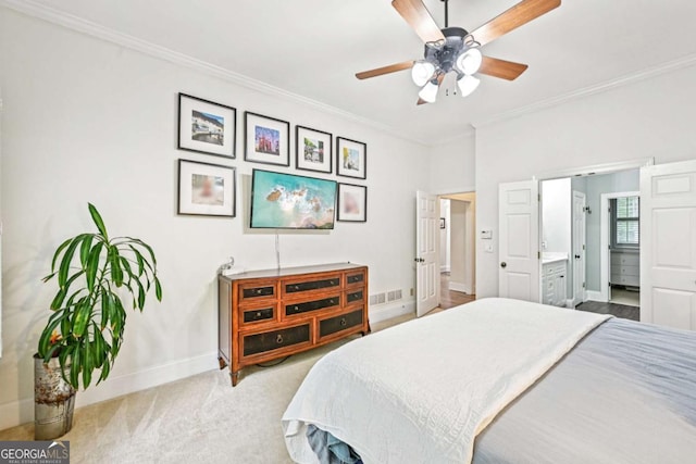 81 Cane Mill Ln, Dahlonega, GA 30533 - carpeted bedroom featuring crown molding, ensuite bath, and ceiling fan