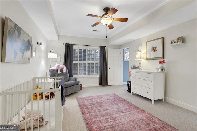 81 Cane Mill Ln, Dahlonega, GA 30533 - bedroom with light carpet, crown molding, a nursery area, and a ceiling fan
