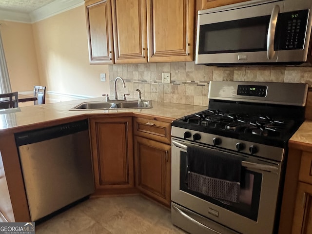 740 Pebble Blvd, Covington, GA 30016 - kitchen featuring stainless steel appliances, a sink, light countertops, backsplash, and crown molding