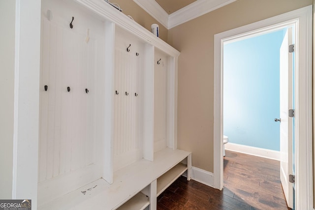 1022 Nestling Dr, Lawrenceville, GA 30045 - mudroom featuring ornamental molding, dark wood-style flooring, and baseboards