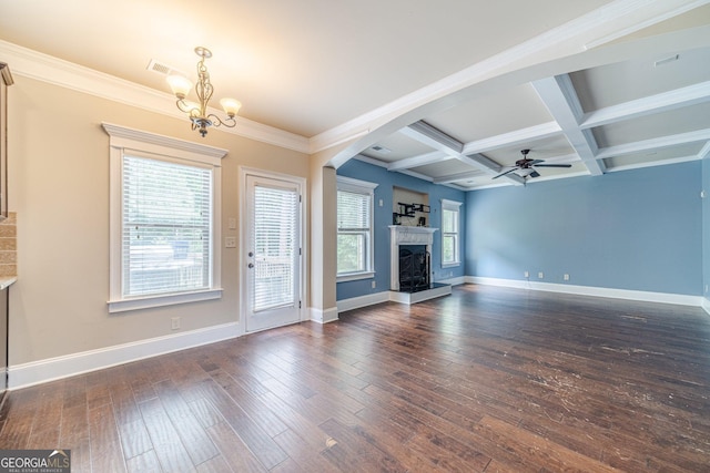 1022 Nestling Dr, Lawrenceville, GA 30045 - unfurnished living room featuring a ceiling fan, baseboards, dark wood-style flooring, beamed ceiling, and coffered ceiling