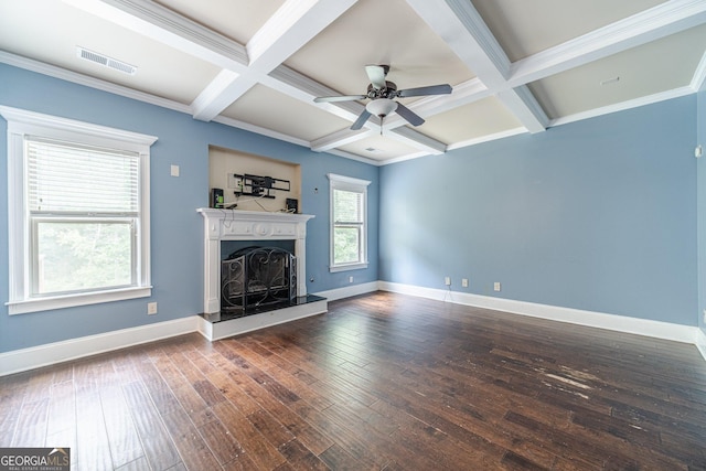 1022 Nestling Dr, Lawrenceville, GA 30045 - unfurnished living room featuring a ceiling fan, a high end fireplace, hardwood / wood-style flooring, baseboards, and beam ceiling