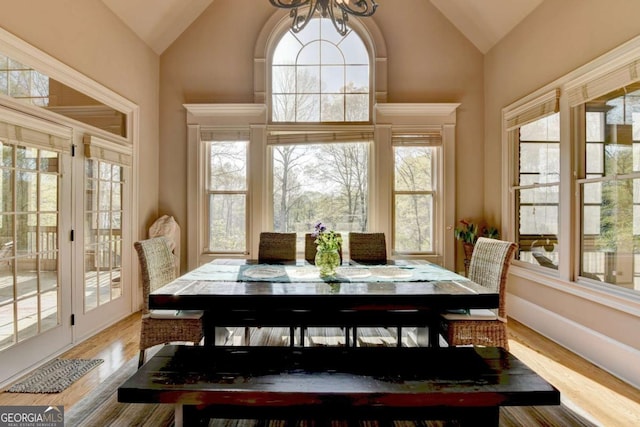 2279 Weeping Oak Dr, Braselton, GA 30517 - dining room featuring vaulted ceiling, plenty of natural light, a chandelier, and wood finished floors