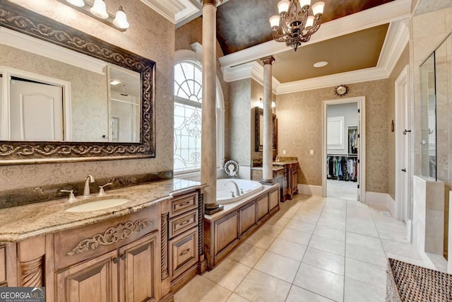 2279 Weeping Oak Dr, Braselton, GA 30517 - full bath with ornamental molding, vanity, wallpapered walls, a garden tub, and a shower stall