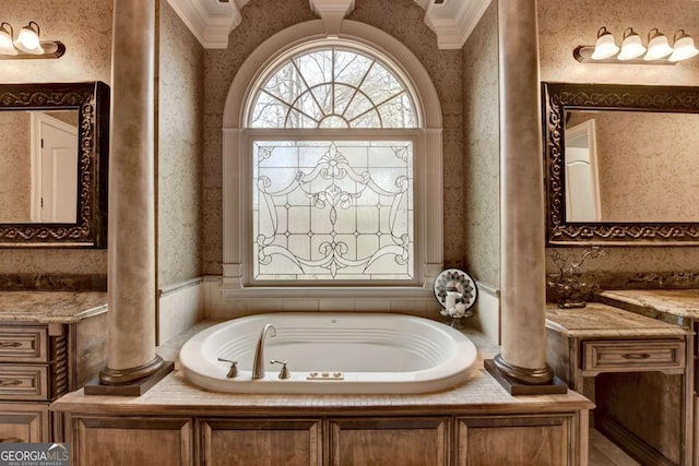 2279 Weeping Oak Dr, Braselton, GA 30517 - full bathroom with wallpapered walls, a garden tub, vanity, and crown molding