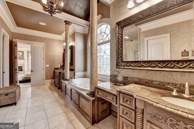 2279 Weeping Oak Dr, Braselton, GA 30517 - bathroom with wallpapered walls, crown molding, a whirlpool tub, vanity, and tile patterned flooring