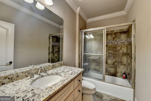 2279 Weeping Oak Dr, Braselton, GA 30517 - full bathroom with toilet, vanity, ornamental molding, and enclosed tub / shower combo