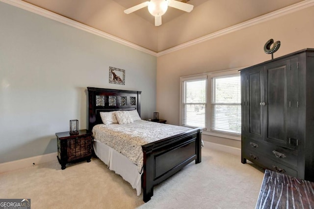 2279 Weeping Oak Dr, Braselton, GA 30517 - bedroom with light carpet, baseboards, ornamental molding, and a ceiling fan