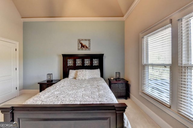 2279 Weeping Oak Dr, Braselton, GA 30517 - bedroom featuring light carpet, ornamental molding, lofted ceiling, and baseboards