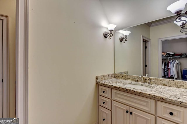 2279 Weeping Oak Dr, Braselton, GA 30517 - bathroom featuring vanity, ornamental molding, and a spacious closet