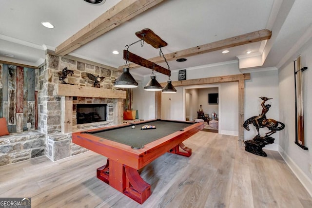 2279 Weeping Oak Dr, Braselton, GA 30517 - rec room with beam ceiling, pool table, baseboards, a stone fireplace, and ornamental molding