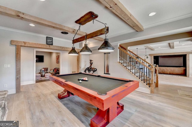 2279 Weeping Oak Dr, Braselton, GA 30517 - recreation room featuring beam ceiling, wood finished floors, billiards, baseboards, and recessed lighting
