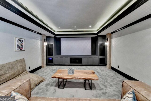 2279 Weeping Oak Dr, Braselton, GA 30517 - carpeted cinema room with baseboards and a tray ceiling