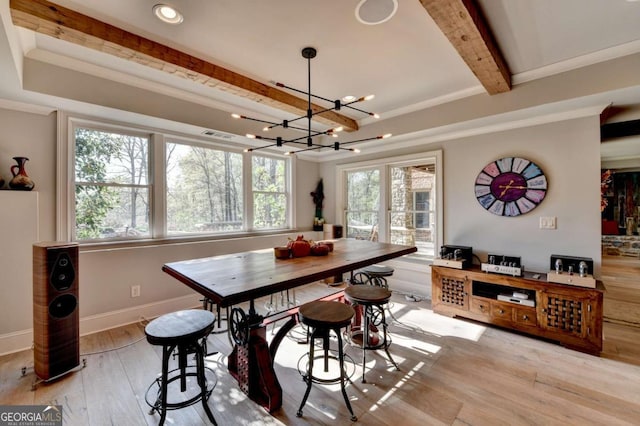 2279 Weeping Oak Dr, Braselton, GA 30517 - dining space featuring hardwood / wood-style floors, a chandelier, beam ceiling, recessed lighting, and a raised ceiling