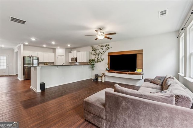 520 Edgemore Rd, Canton, GA 30114 - living room featuring a ceiling fan, baseboards, dark wood finished floors, and recessed lighting